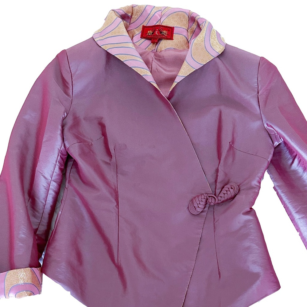 Women’s silk pink-lavender jacket/blazer purchased in China.  Size L (runs S)